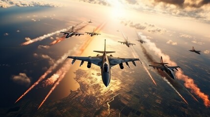 fighter jet at a beautiful sunset in the sky. Neural network AI generated art - obrazy, fototapety, plakaty