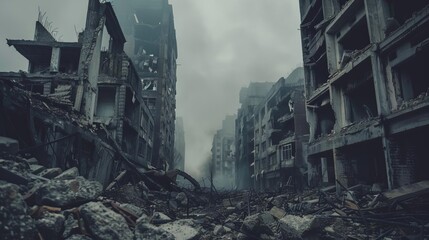 Post-apocalyptic cityscape with destroyed buildings and desolation, evoking a sense of catastrophe and survival