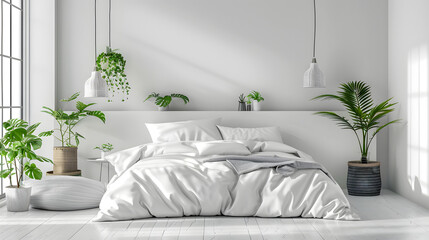Contemporary bedroom scene with lush greenery, white bedding, and natural light, evoking a crisp, clean feeling