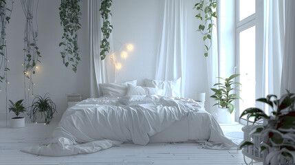 Simple and serene bedroom with an abundance of natural light and greenery The inviting white bed is the centerpiece of a soothing decor - obrazy, fototapety, plakaty