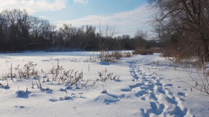 Serene snow-covered landscape, untouched by human footprints, reflecting the quiet and purity of winter's embrace.