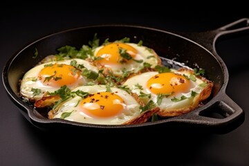 Fried eggs served in an iron pan, hot from the oven