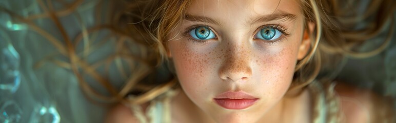 Serene child with striking blue eyes: close-up of a young girl with captivating blue eyes and gentle freckles