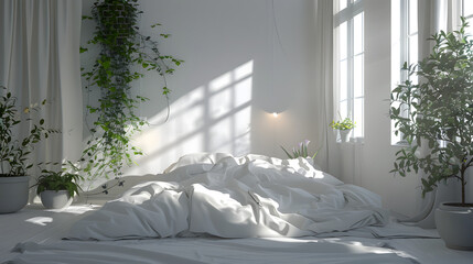 A fresh, airy bedroom filled with plants and the soft dappled light of a sunny morning creates a peaceful retreat