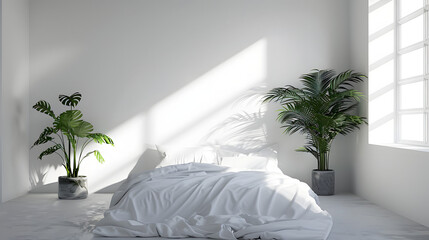 This minimalistic bedroom features strong sunlight contrasts and lush green plants providing a natural touch