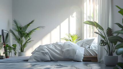Warm morning sunlight floods the bedroom with plants offering a fresh atmosphere