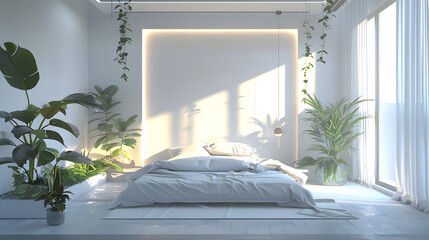 A serene bedroom bathed in warm sunlight with lush green plants, creating a personal oasis