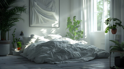 A cozy bedroom featuring a lush indoor garden is kissed by the sunlight through white curtains