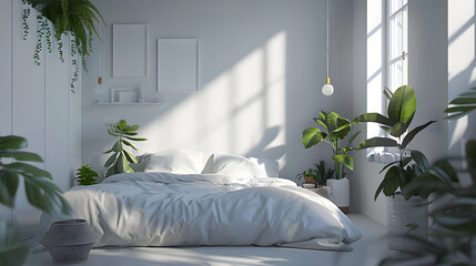 This image showcases a sleek bedroom engulfed in natural lighting, highlighting a pristine white bed and elegant houseplants