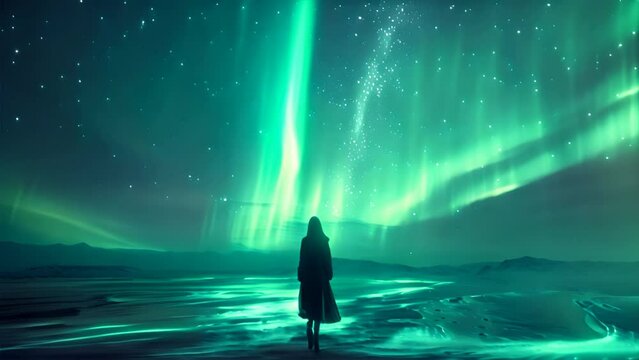 Night Sky Harmony: Ethereal Woman Embracing Northern Lights,generative ai
