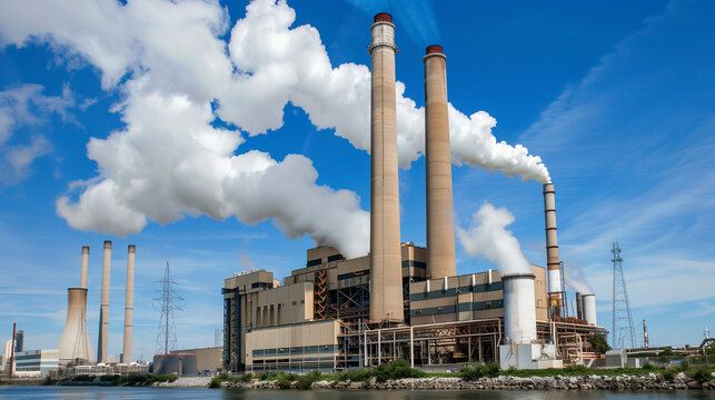 Multiple Coal Fossil Fuel Power Plant Smokestacks Emit Carbon Dioxide Pollution.