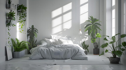 Inviting bedroom bathed in sunshine with verdant plants adding life to the modern, minimalist aesthetic