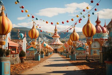 A carnival in the sky with colorful buildings and balloons as fixtures - obrazy, fototapety, plakaty