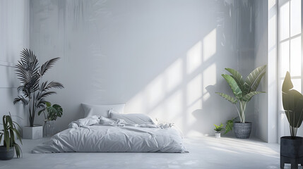 A sleek and sophisticated bedroom interior flooded with natural light and complemented by indoor plants