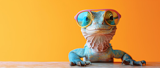 anthropomorphic monitor lizard sits at  a table, wearing sunglasses, copy space - 757448684