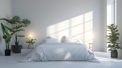 A bright bedroom scene with large windows allowing sunlight to accentuate the white, crisp bedding and green plants