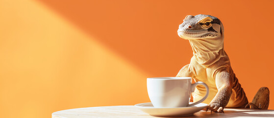anthropomorphic monitor lizard sits at  a table, wearing sunglasses, copy space - 757448804