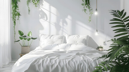 Bright, contemporary bedroom highlighting crisp white linen and vibrant, lively green plants for a clean design