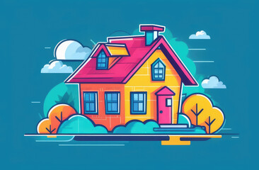 colorful flat illustration of cozy house and garden around it in pleasant neighborhood