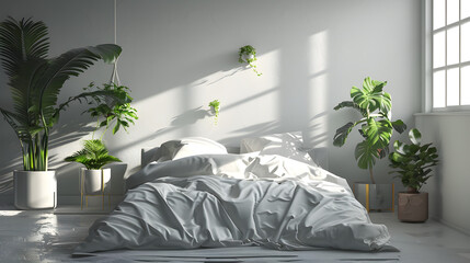 A sleek, modern bedroom with monochrome bedding and uniform green potted plants creating a sophisticated look