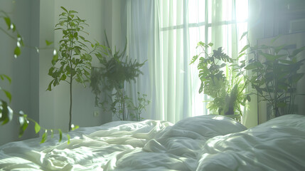 A dream-like bedroom bathed in soft ethereal light, surrounded by lush greenery creating a tranquil escape