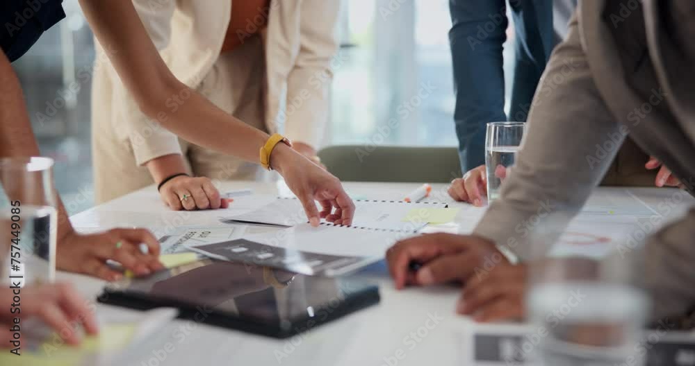 Poster tablet, paperwork and hands of people in office with graphs or statistics for planning. career, meet