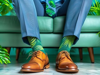 Concepto de hombre de negocios vistiendo unos calcetines sostenibles por el medio ambiente.  - obrazy, fototapety, plakaty