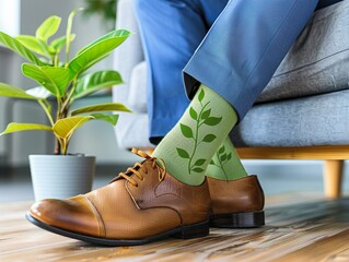 Concepto de hombre de negocios vistiendo unos calcetines sostenibles para el medio ambiente.  - obrazy, fototapety, plakaty