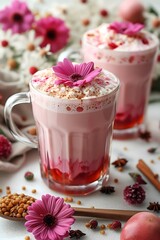 White marble countertop and white clean wall background, featuring Pink Latte and Flowers, coffee, menu card, drinks, culinary blog