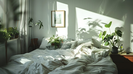 A serene bedroom environment with dynamic light play through the leaves, creating soft shadows and a connection to nature
