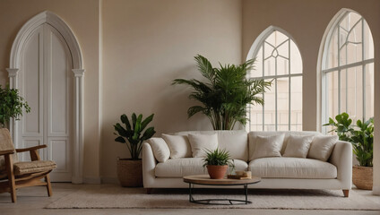 White sofa, potted houseplants against an arched window, beige wall with copy space, defining the home interior design.