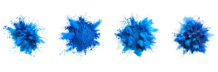 Set of blue color explosion of holi powder isolated on a transparent background
