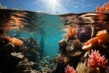 a coral reef with lots of fish and sponges in the ocean - obrazy, fototapety, plakaty