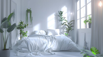 A luminous bedroom bathed in natural light, featuring a variety of potted green plants adding life and color