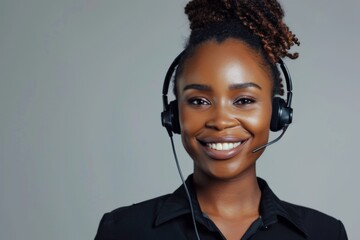 An attractive African American woman with a smile wearing a headset as call center staff, captured on a light gray background with copy space.  - obrazy, fototapety, plakaty