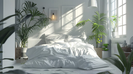 Spacious and tranquil, this bedroom exudes a calm aura with sunlight filtering through and indoor plants adding life