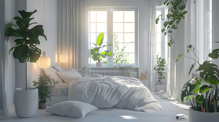 A bright and airy bedroom with large windows, sheer curtains and luscious green plants creates a peaceful refuge