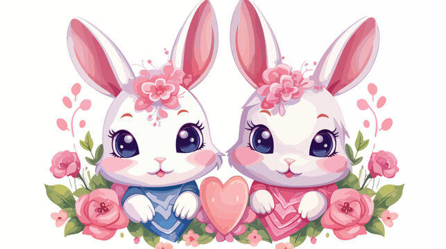 cute rabbits couple with easter egg painted  flat vector