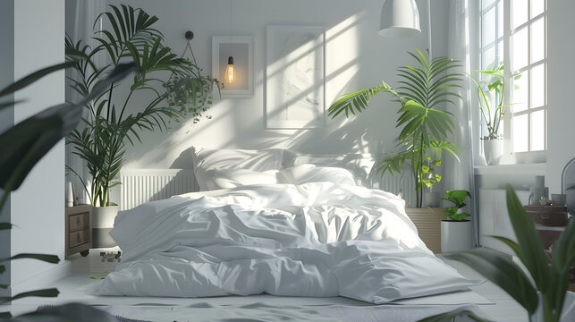 Spacious and tranquil, this bedroom exudes a calm aura with sunlight filtering through and indoor plants adding life