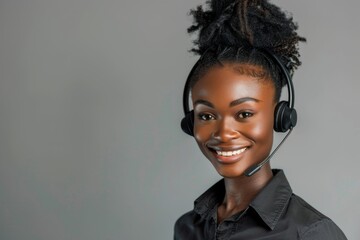An image of a beautiful Afro-American woman with a smile wearing a headset as call center personnel, captured on a light gray background with copy space.  - obrazy, fototapety, plakaty