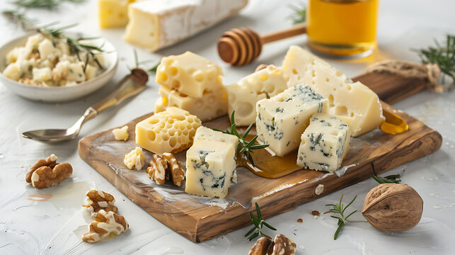 bread with cheese and walnuts, Various cheeses with honey and walnuts on a wooden cutting board. Close-up shot. Gourmet food and cheese tasting concept for design and print