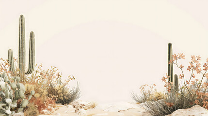cactus in the desert, Desert cactus and wildflowers illustration with copy space. Watercolor painting style on a beige background. Nature and botany concept for design, invitations, and print