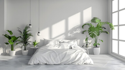 A stylish monochrome bedroom complemented by lush green plants and soft lighting