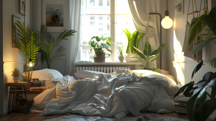 Cozy bedroom scene with bed, sunlight streaming through windows, and scattered house plants giving a homey feel
