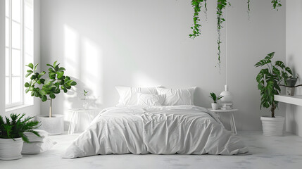 A serene all-white bedroom with carefully placed green plants creating a refreshing and tranquil space