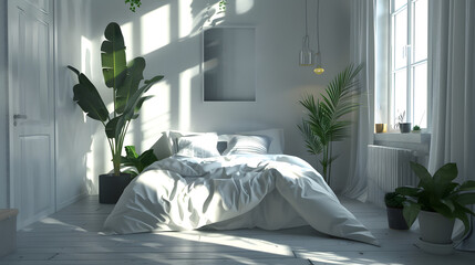 Luxuriously unmade bed with natural light and vibrant plants adding life to the bedroom
