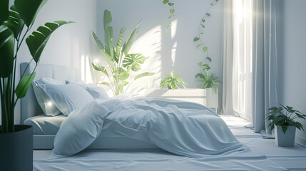 A pristine bedroom soaked in delicate morning light with white bedding and plants
