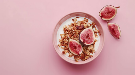 Fototapeta na wymiar Yogurt with granola and fresh fig slices in a glass bowl on a pink background. Flat lay composition with copy space. Healthy breakfast and superfood concept for design and print.