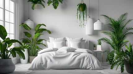 A chic bedroom embellished with hanging planters and lush foliage against crisp white linen