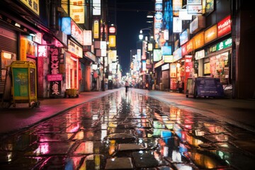 City street at night with a water puddle in center, reflecting building lights